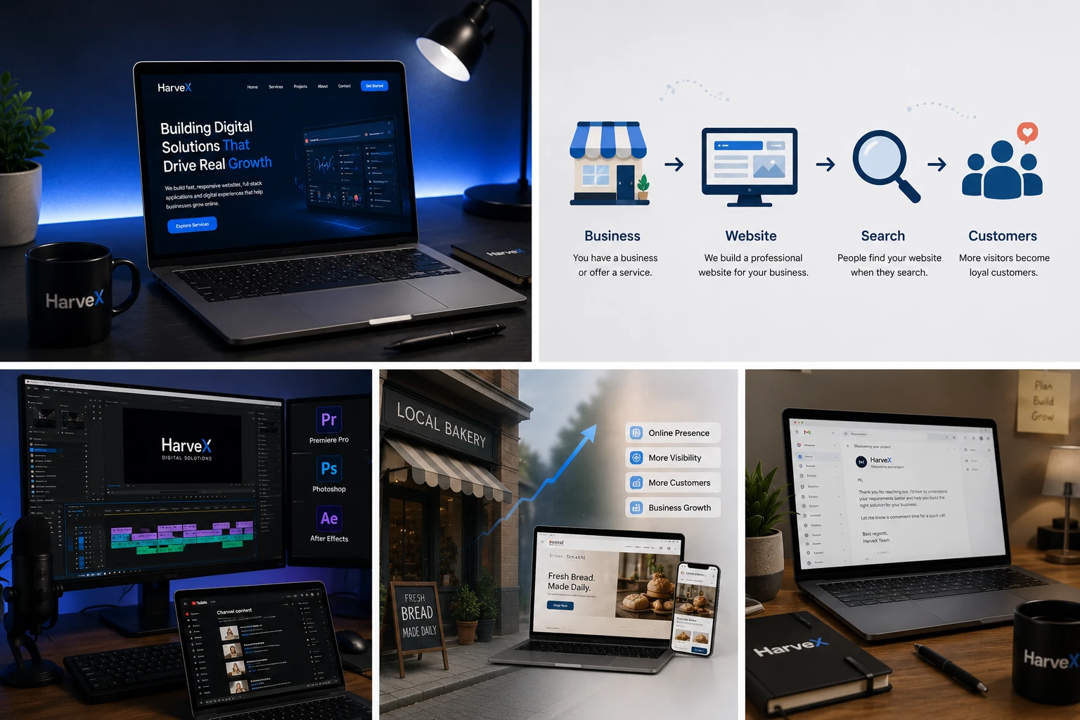 HarveX digital workspace showing website design and creative development work