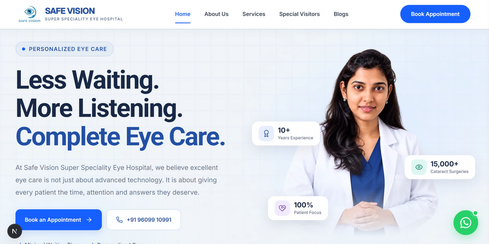 Safe Vision Eye Hospital website developed by HarveX using Next.js and Tailwind CSS.